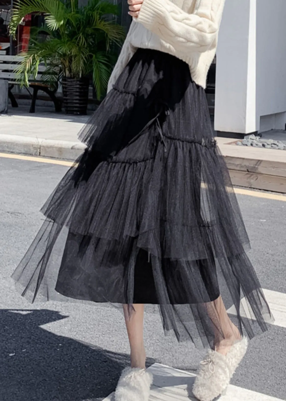 Elegant Black Ruffled High Waist Tulle Skirt Summer AS1067