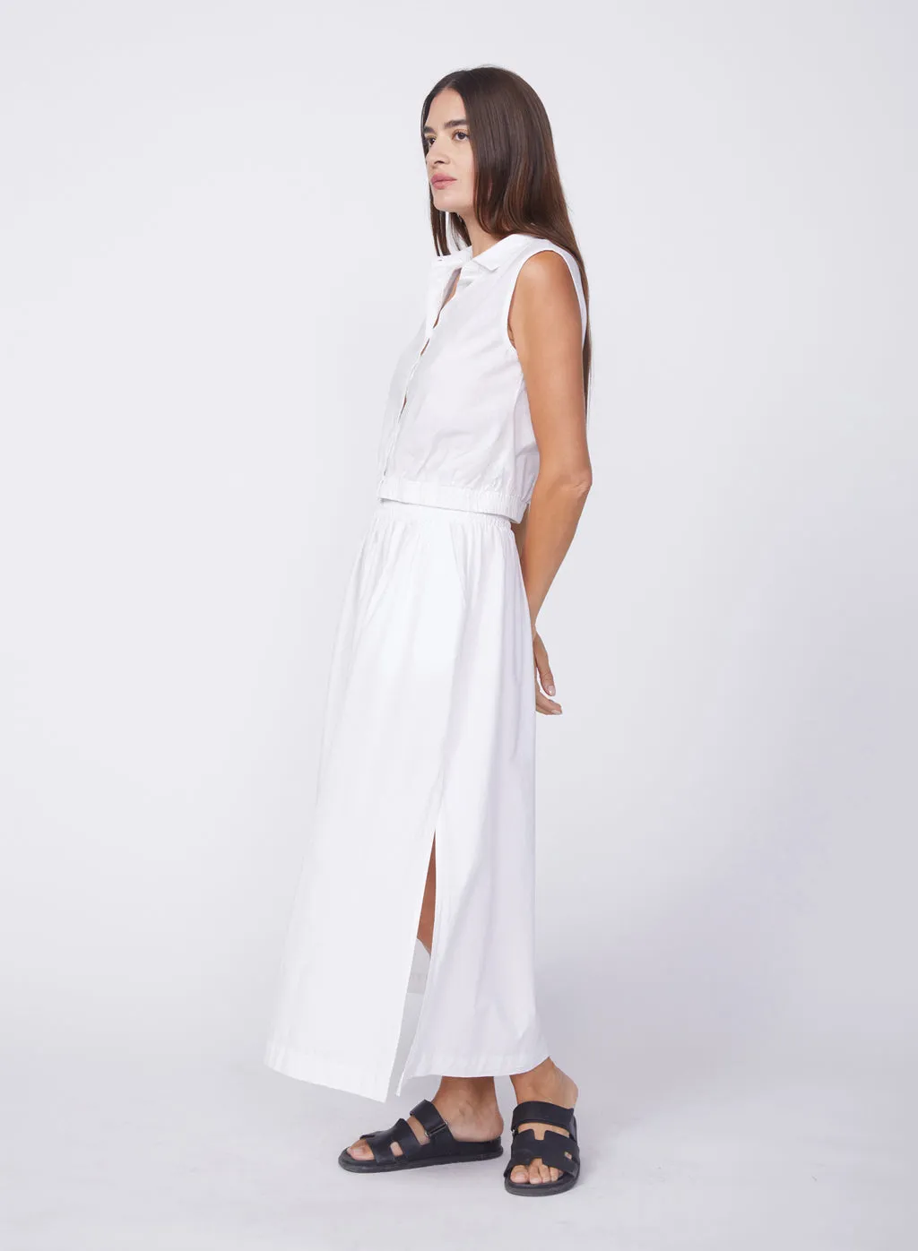 Fine Poplin Double Slit Maxi Skirt in White