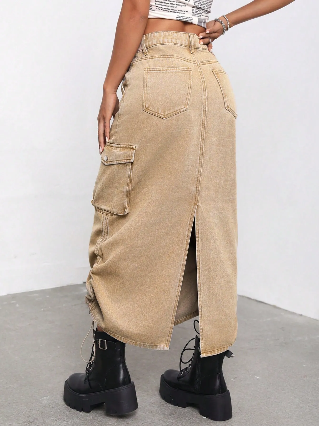 Flap Pocket Drawstring Ruched Side Denim Skirt