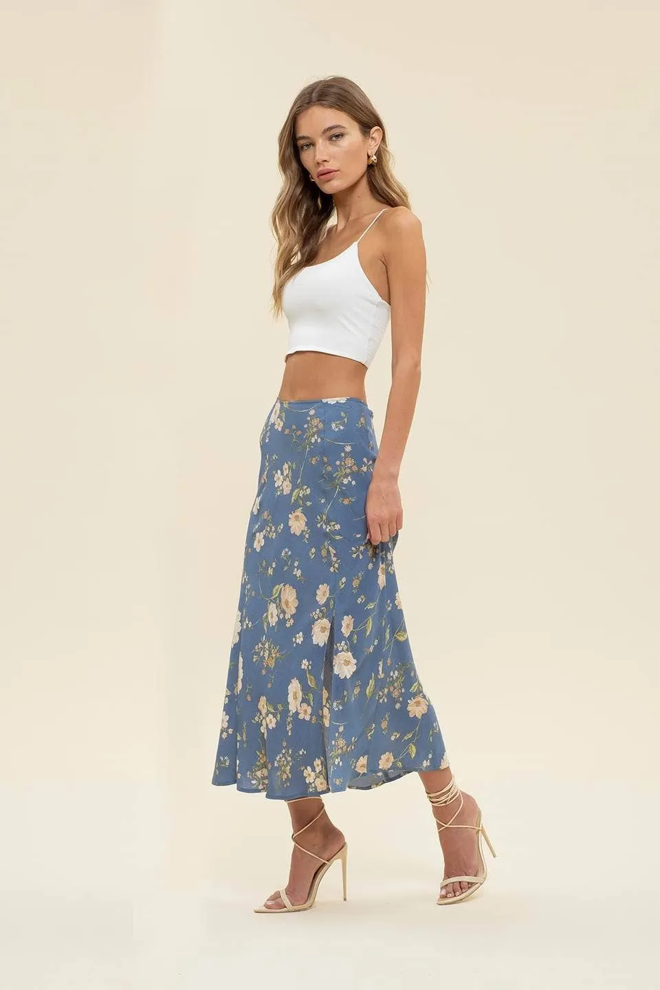 FLORAL HIGH WAIST SIDE SLIT BIAS MIDI SKIRT