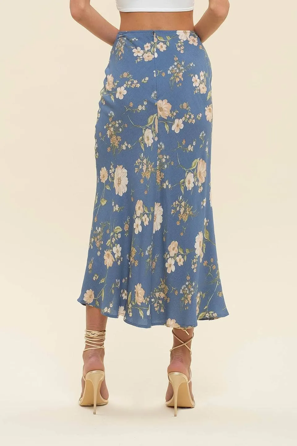 FLORAL HIGH WAIST SIDE SLIT BIAS MIDI SKIRT