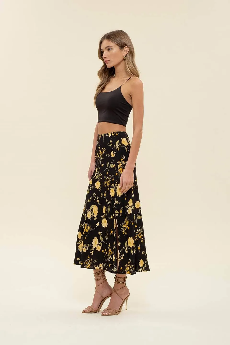 FLORAL HIGH WAIST SIDE SLIT BIAS MIDI SKIRT