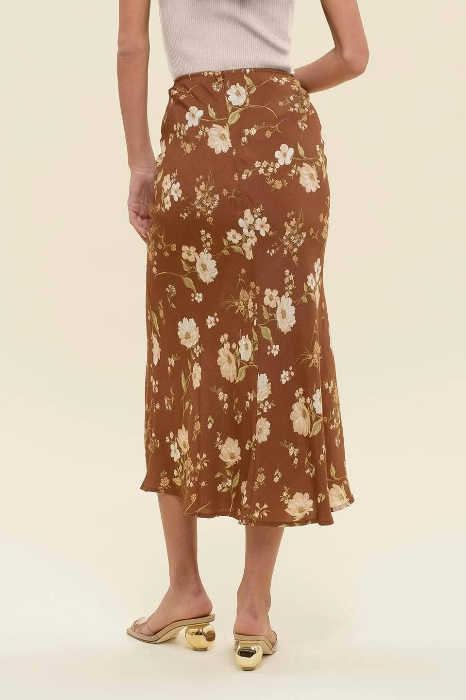 FLORAL HIGH WAIST SIDE SLIT BIAS MIDI SKIRT