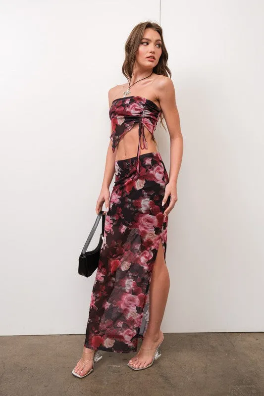 Floral Mesh Tube Top & Skirt Set