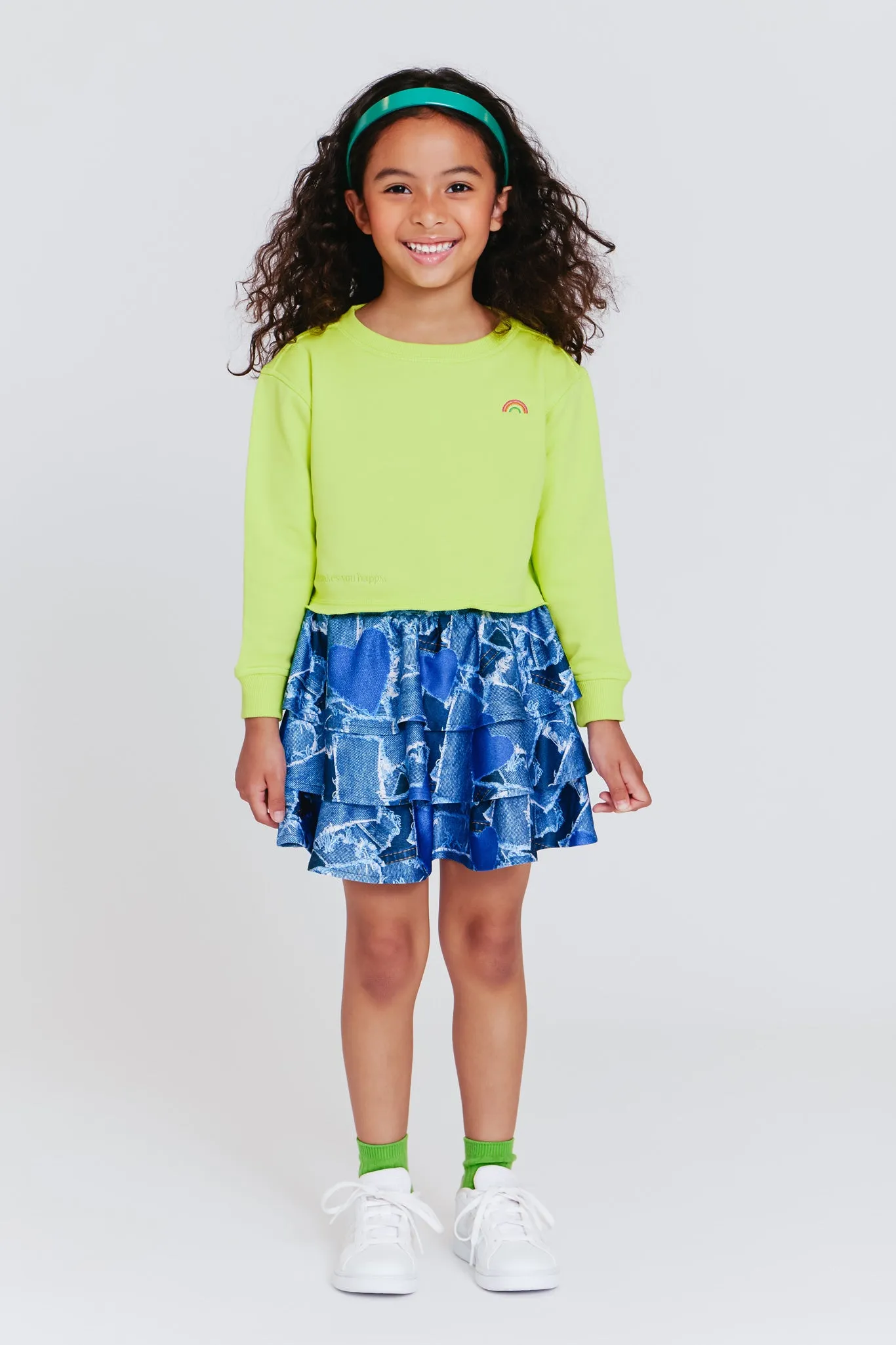 Girls Tiered Skirt in Denim Heart Patchwork