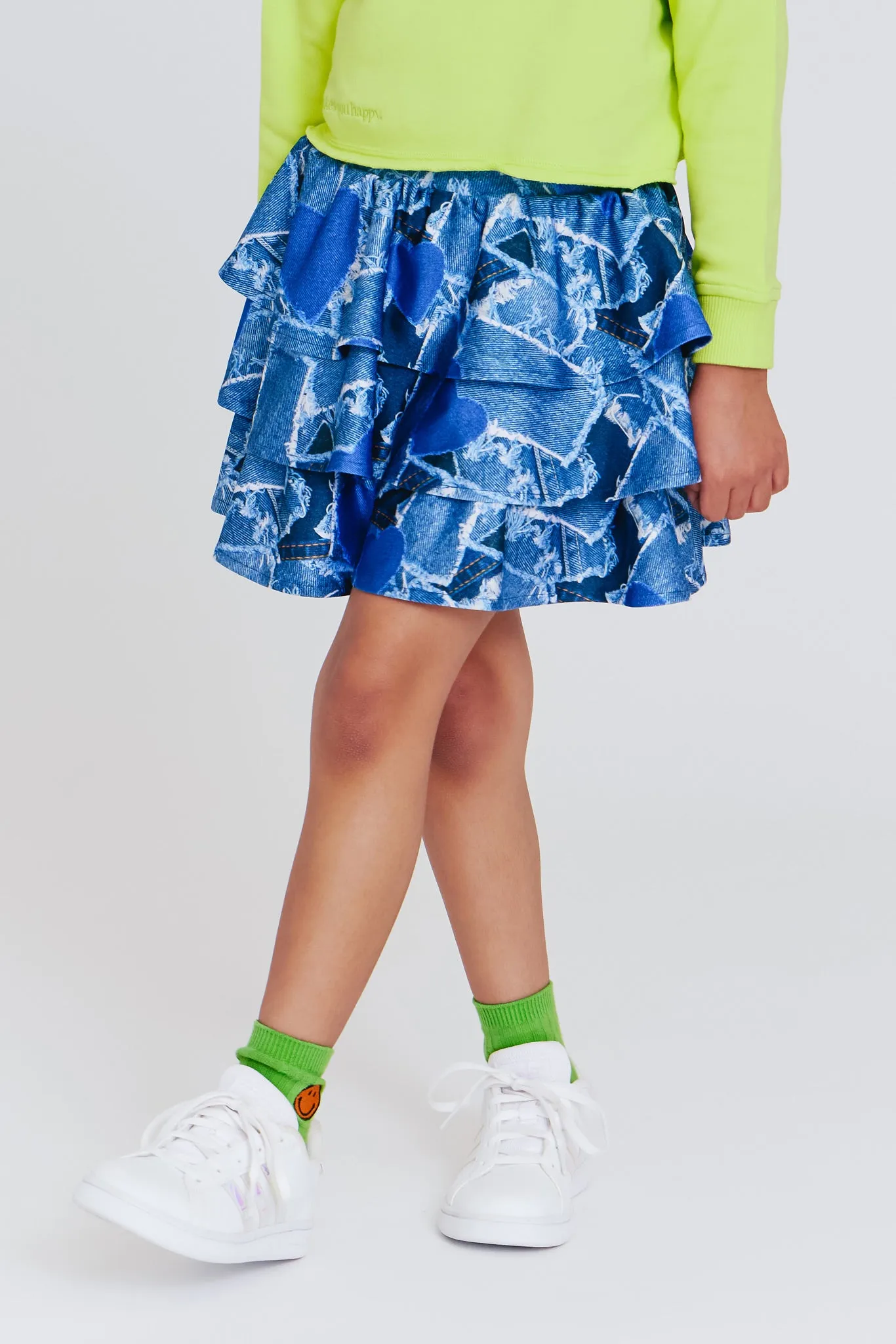 Girls Tiered Skirt in Denim Heart Patchwork