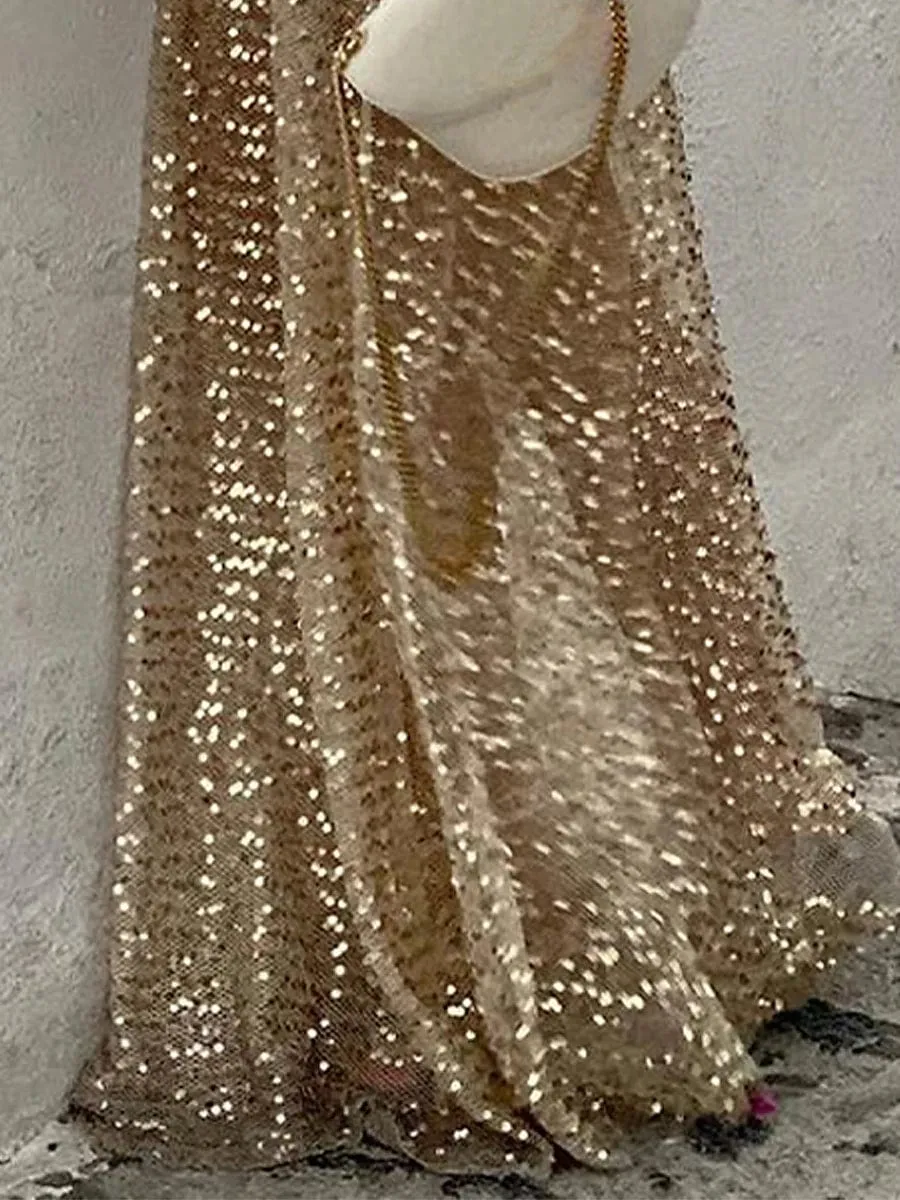 Golden Sparkle Sequin Maxi Skirt for Women's Evening Parties in Fall and Winter Sizes M, L, XL