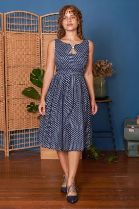 Hana Blue & Cream Quatrefoil Cotton Dress