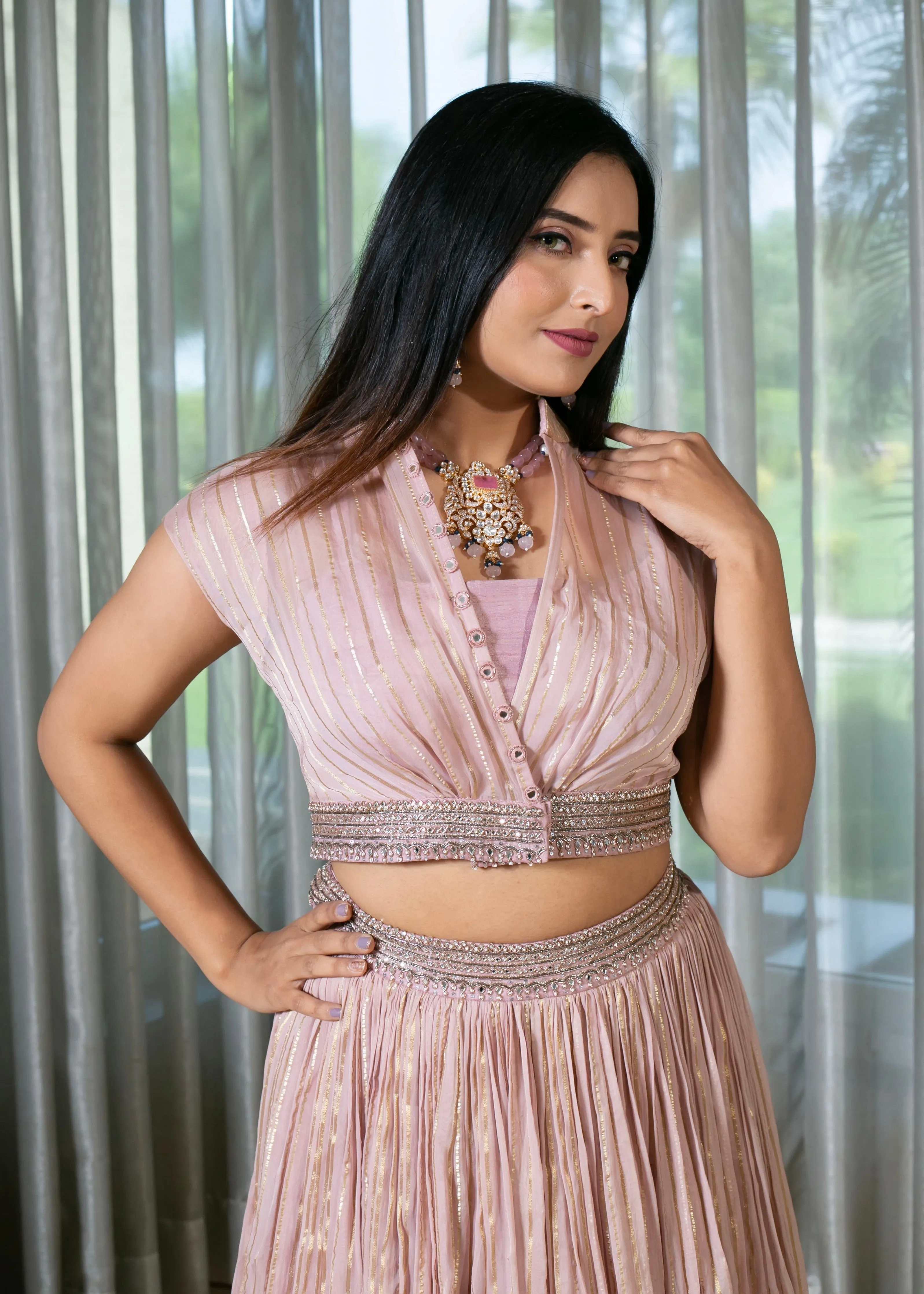 Handcrafted Light Onion Pink Lehenga Set with Gold Stripes.