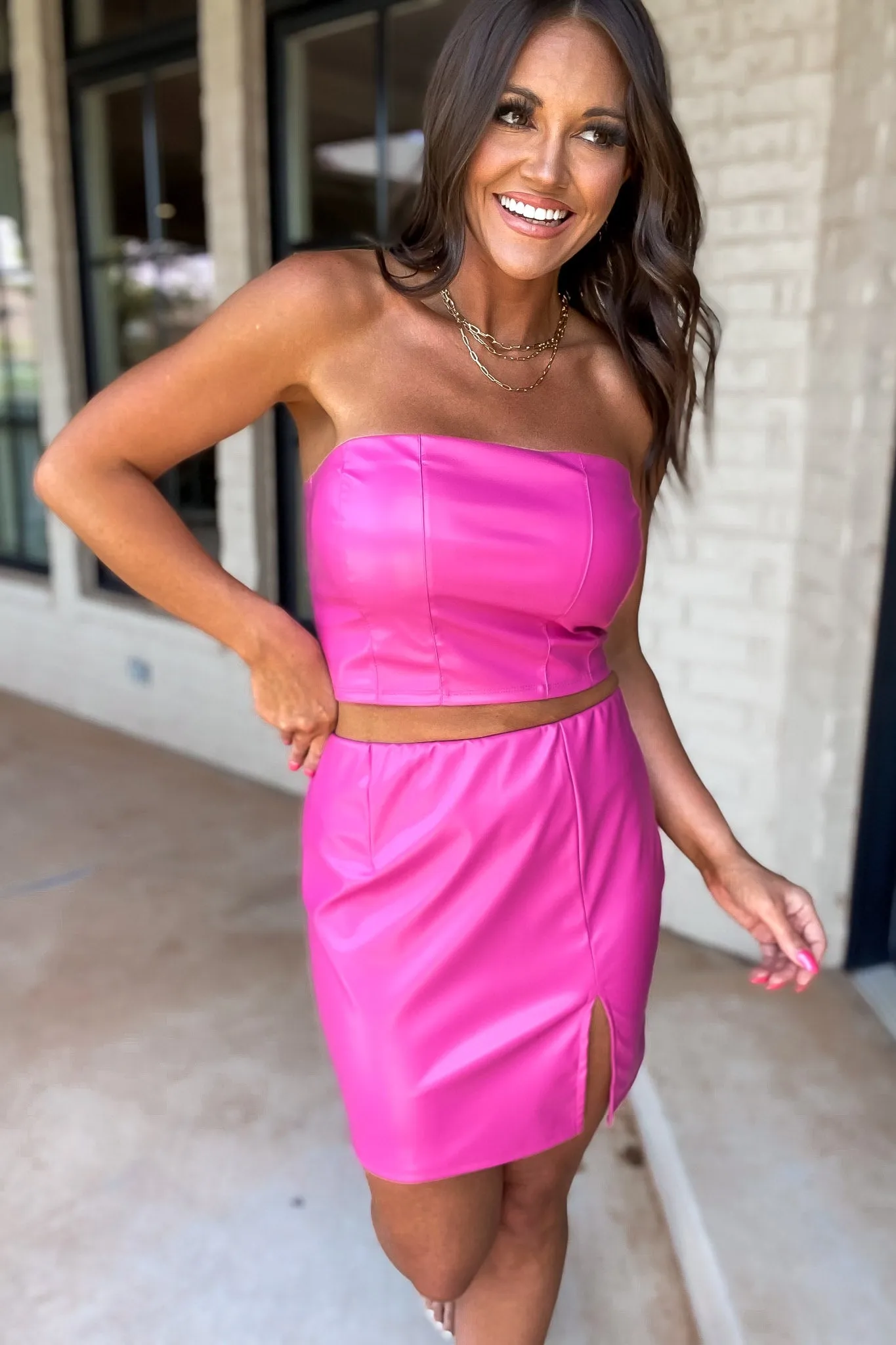 Happy Bandeau Pink Pleather Skirt