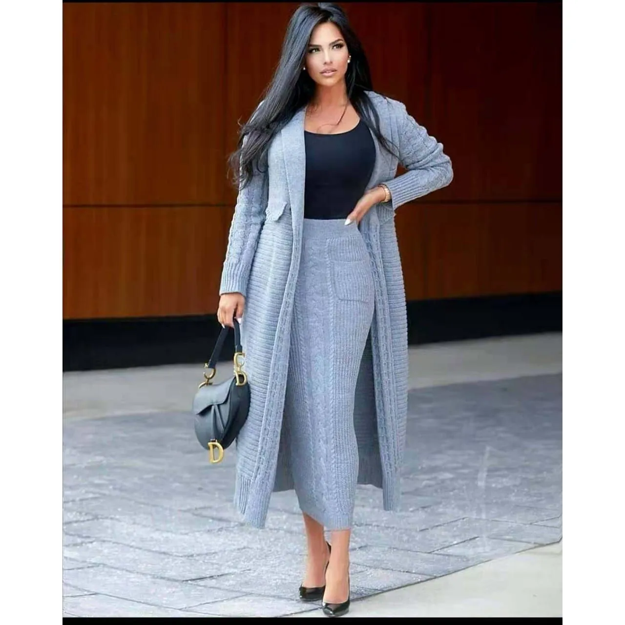 Knitted Sweater Skirt & Long Cardigan Set