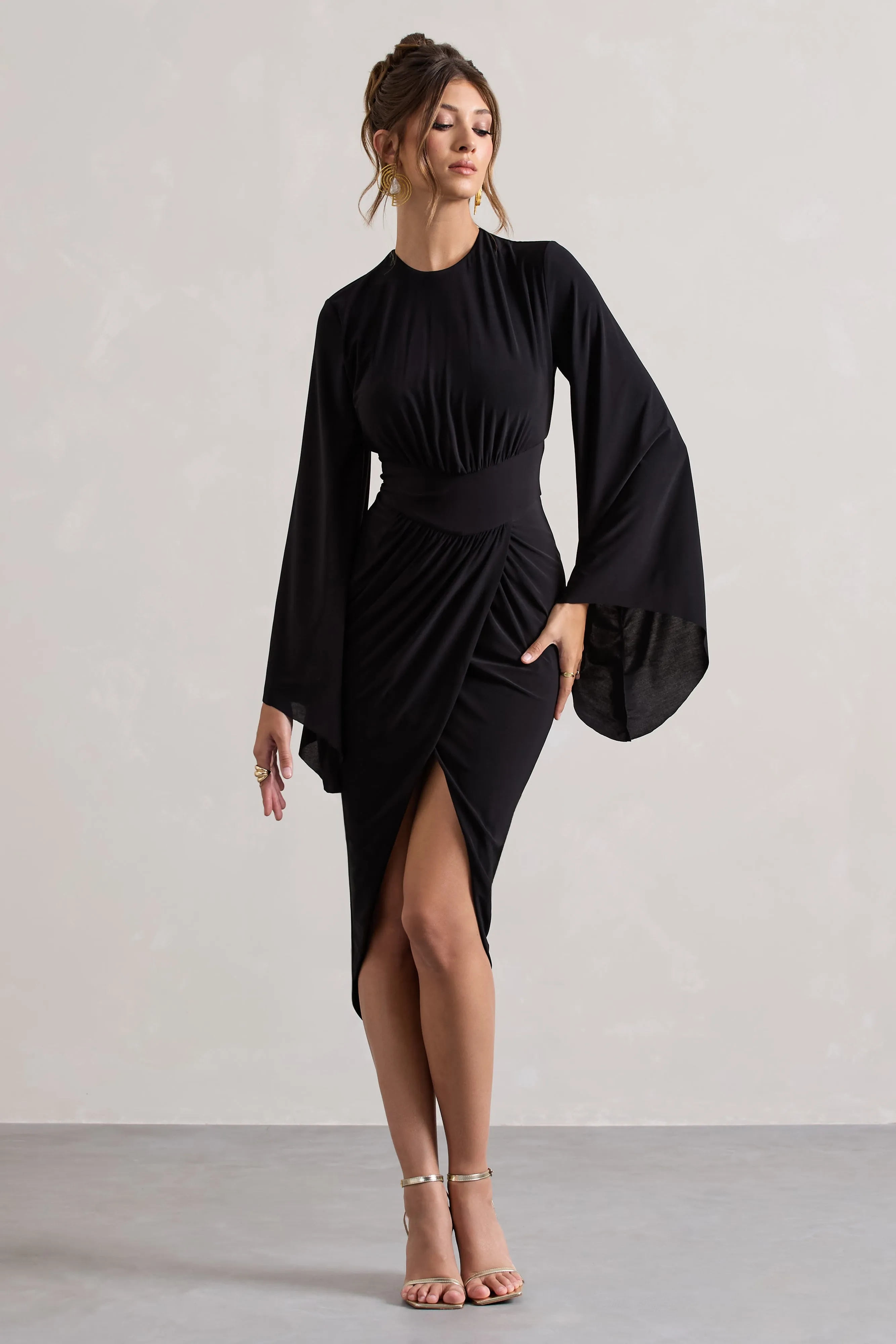 Lennox | Black Drape-Sleeve Gathered Midi Dress