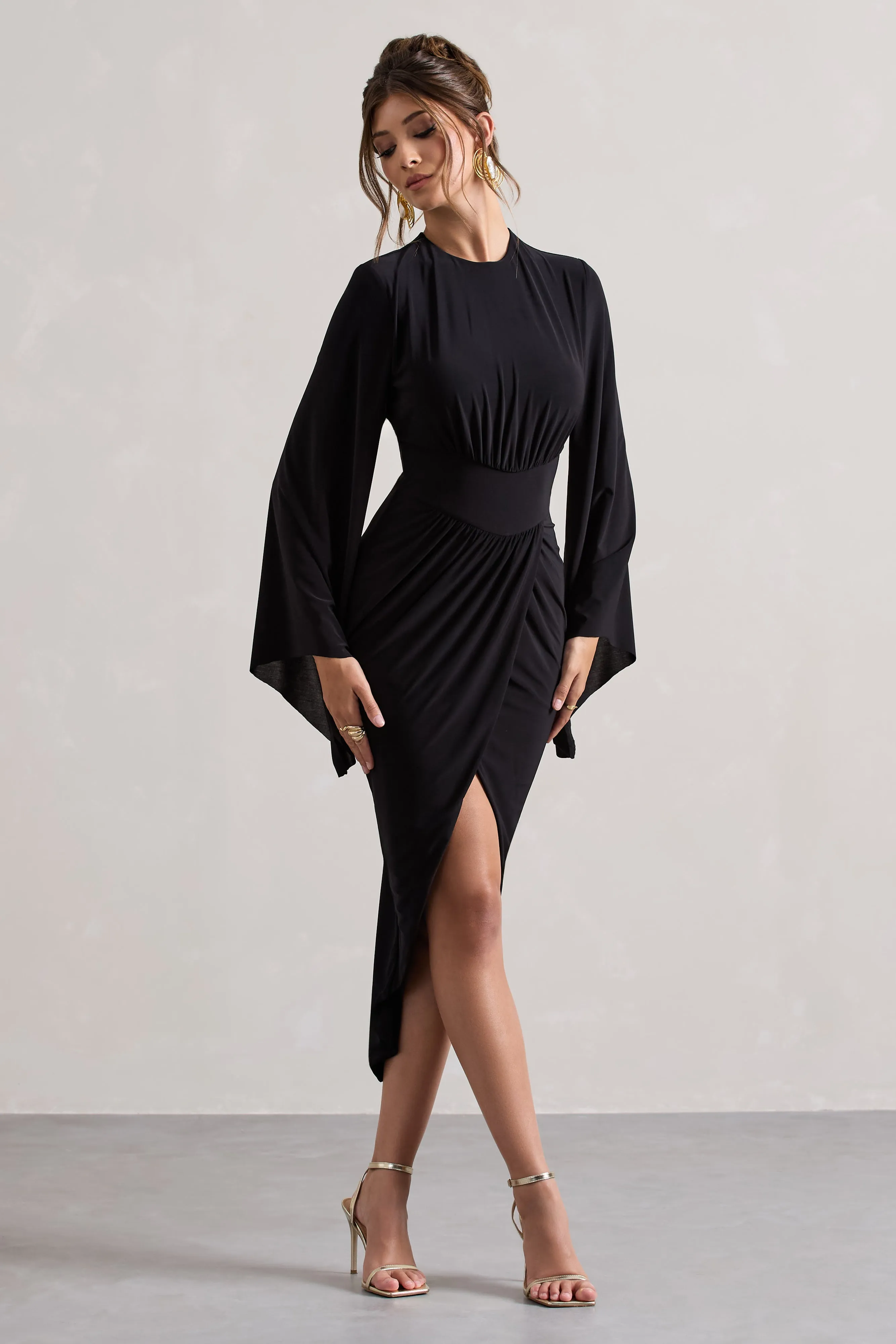 Lennox | Black Drape-Sleeve Gathered Midi Dress