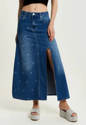 Liquorish Polka Dot Maxi Denim Skirt