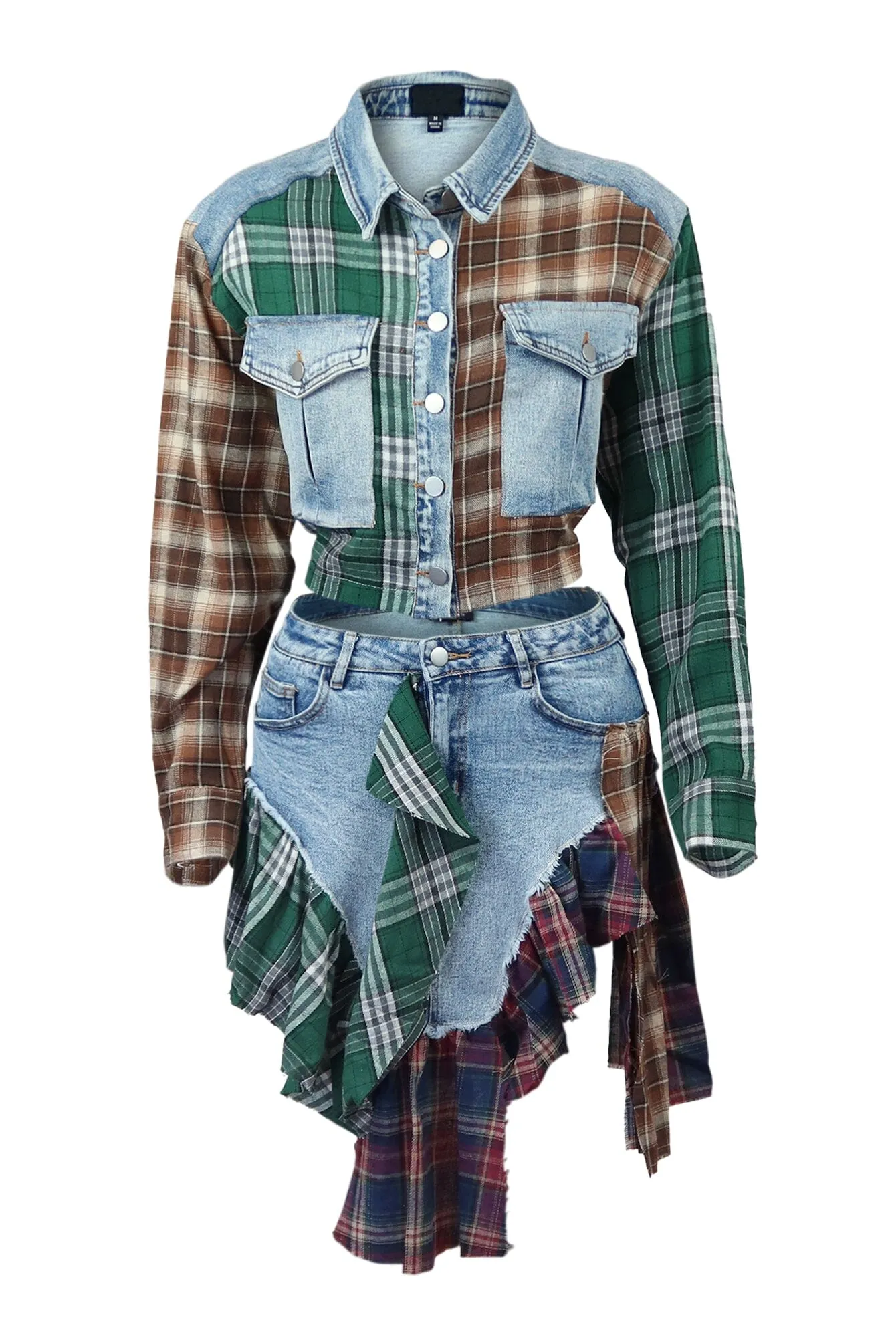 Luca Denim Contrast Plaid Jacket & Skirt SET