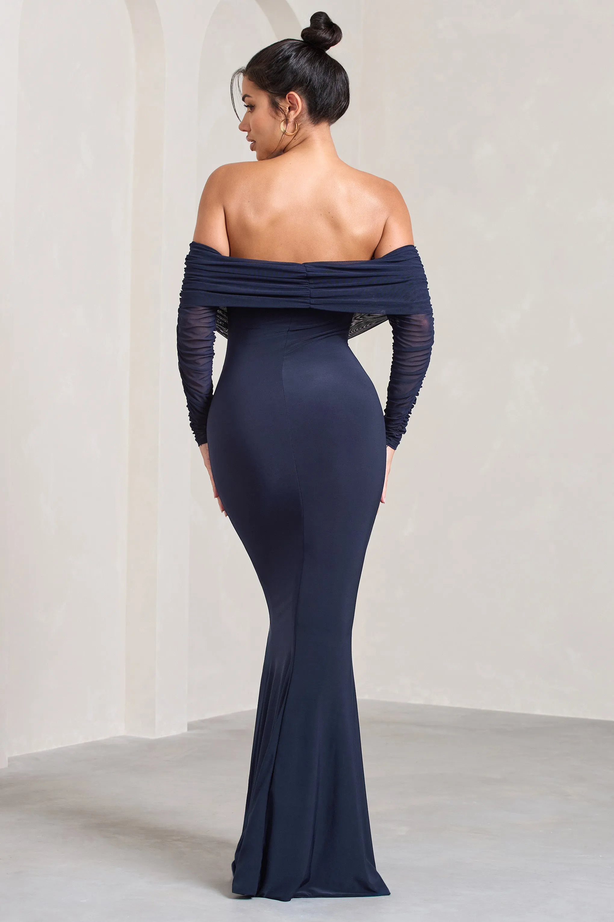 Madeleine | Navy Fishtail Maxi Dress With Bardot Mesh Long Sleeves