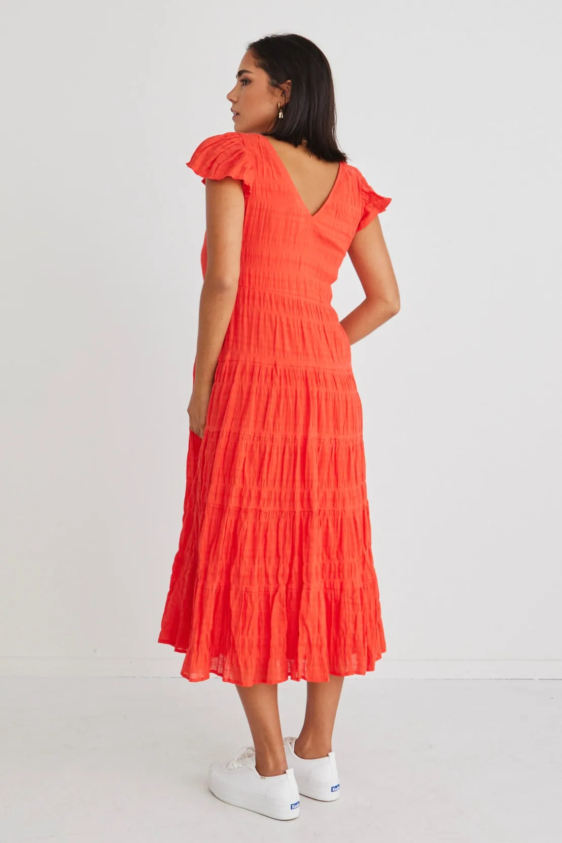 Marley Sunset Shirred Cotton Sleeveless V-Neck Tiered Maxi Dres