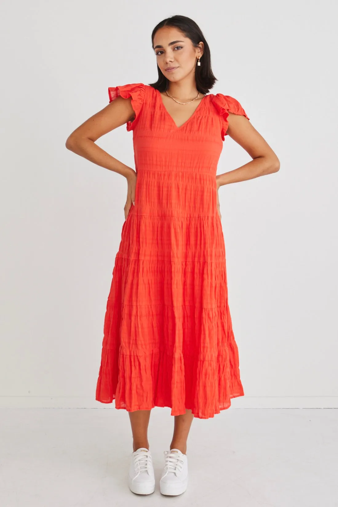 Marley Sunset Shirred Cotton Sleeveless V-Neck Tiered Maxi Dres