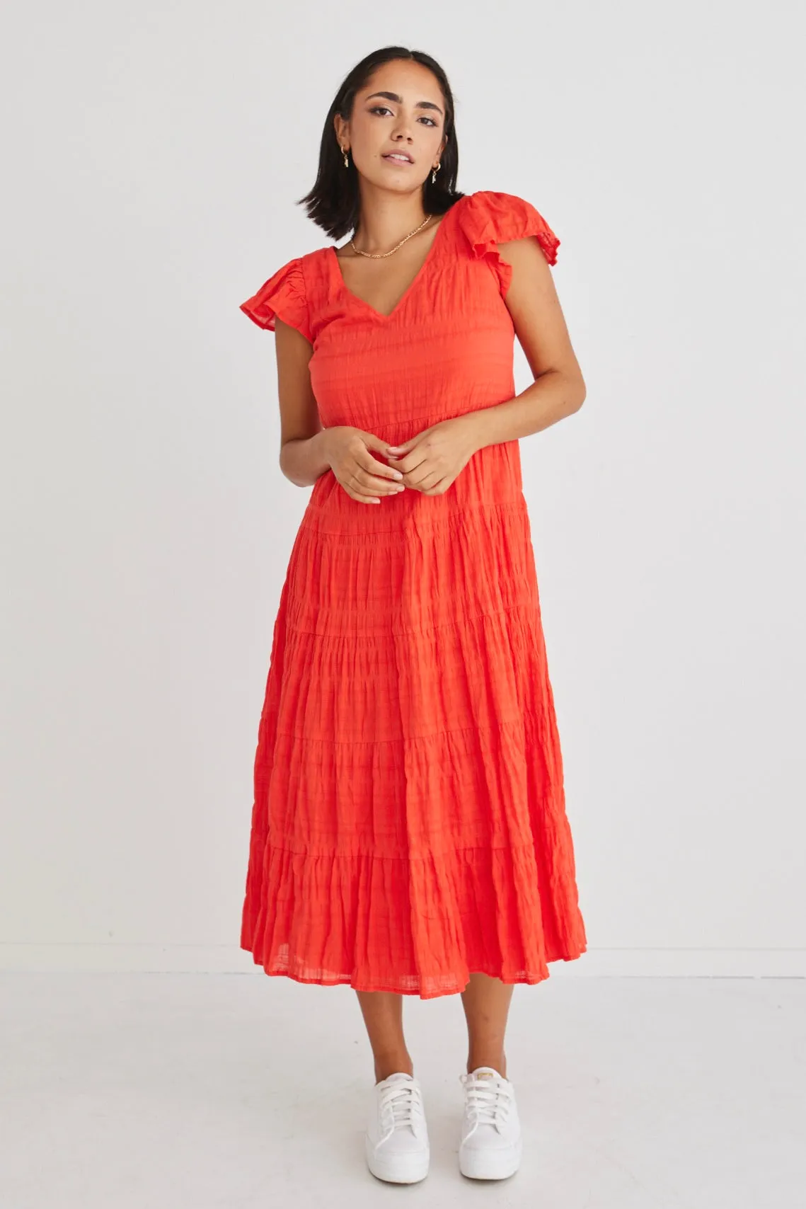 Marley Sunset Shirred Cotton Sleeveless V-Neck Tiered Maxi Dres