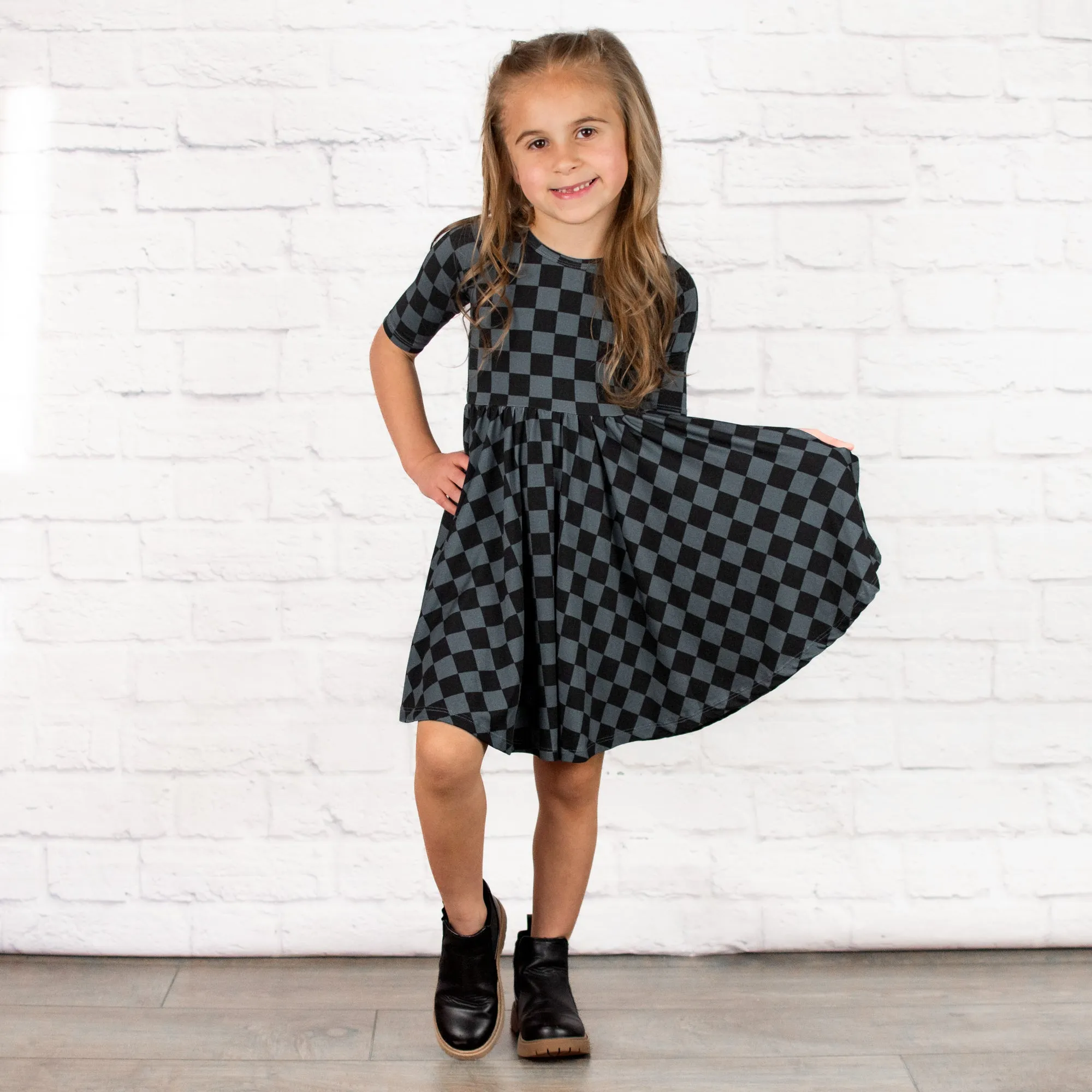 MID SLEEVE TWIRL DRESS- Grey Check