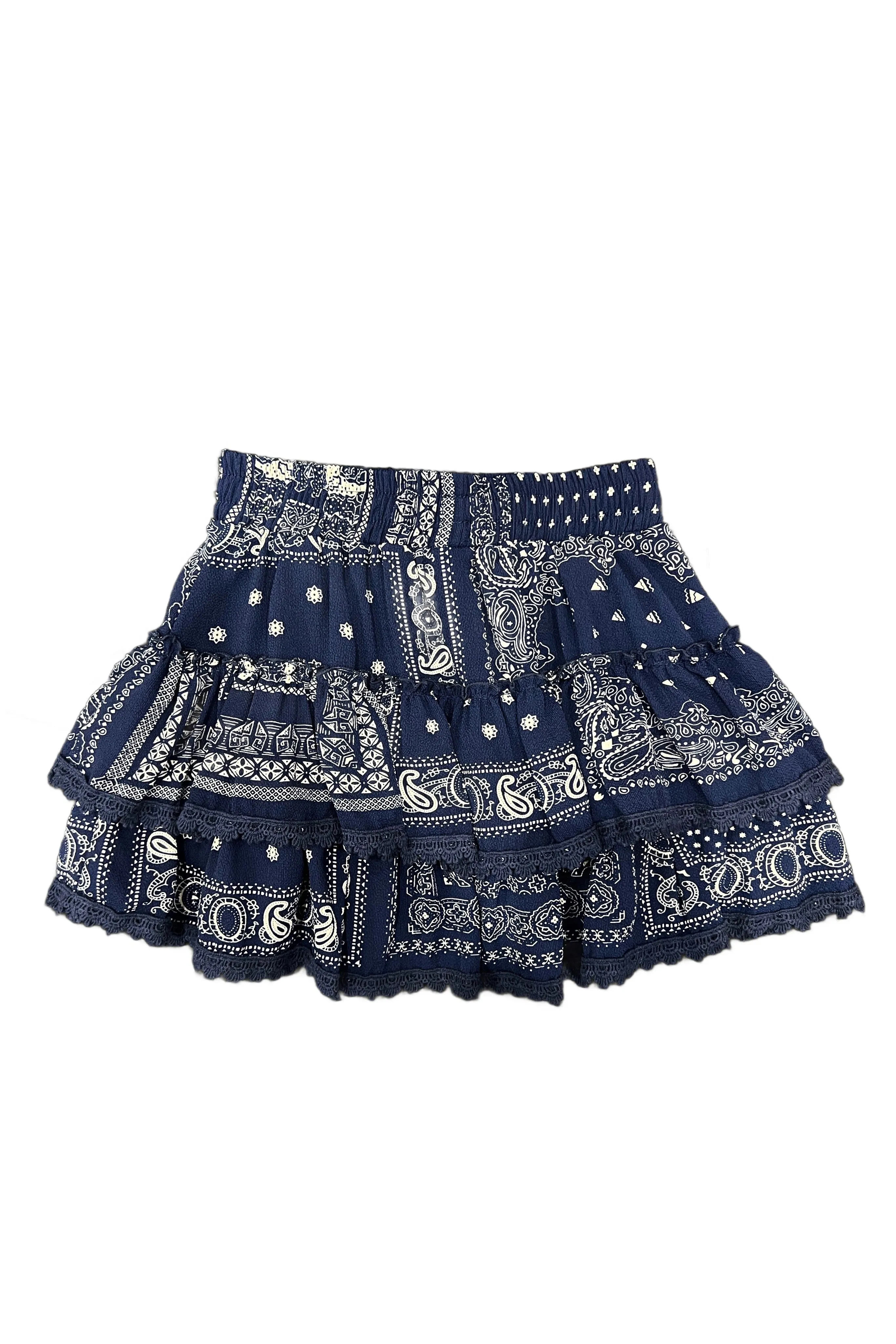 Navy Bandana Chiffon Lace Detail Ruffle Skirt