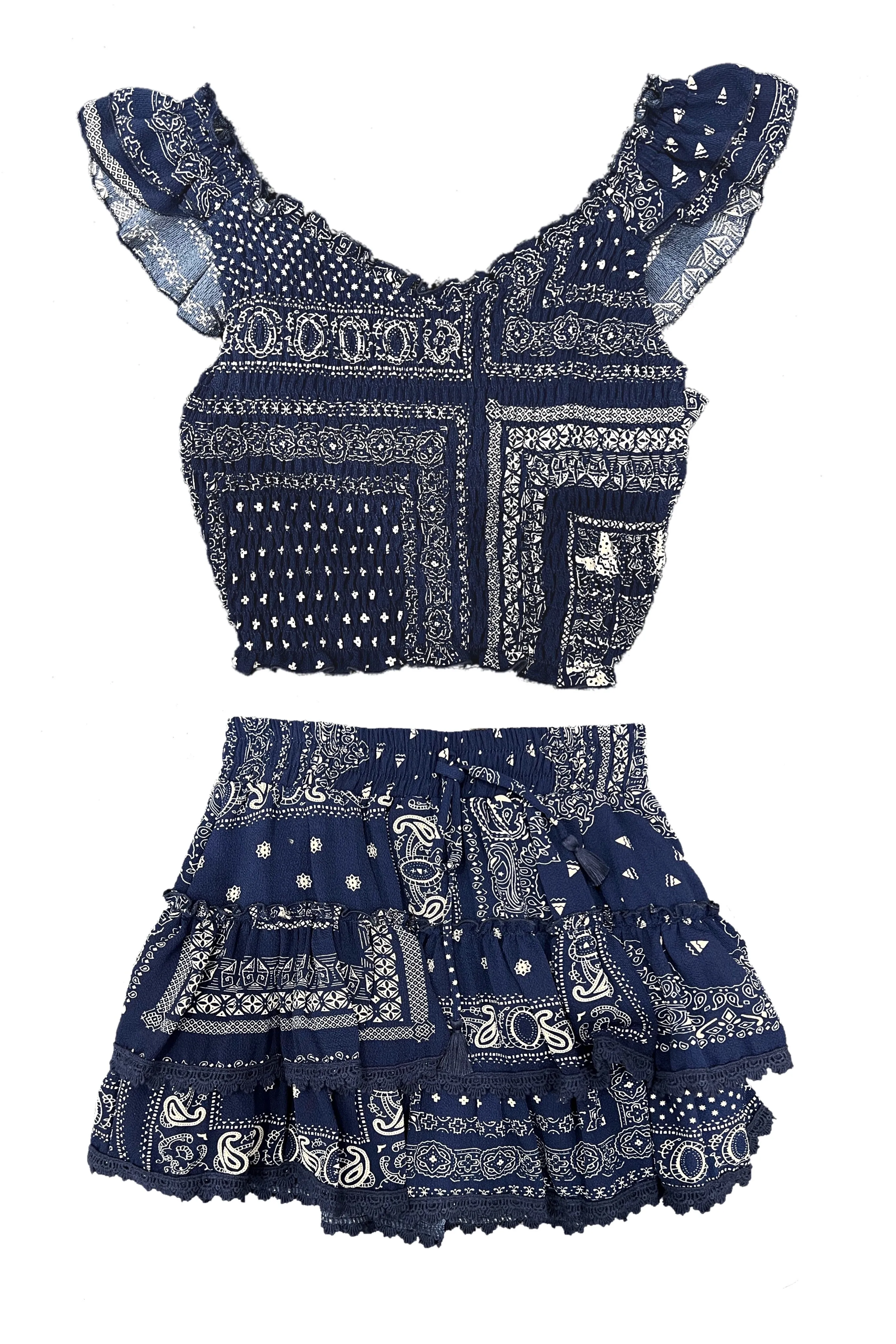 Navy Bandana Chiffon Lace Detail Ruffle Skirt