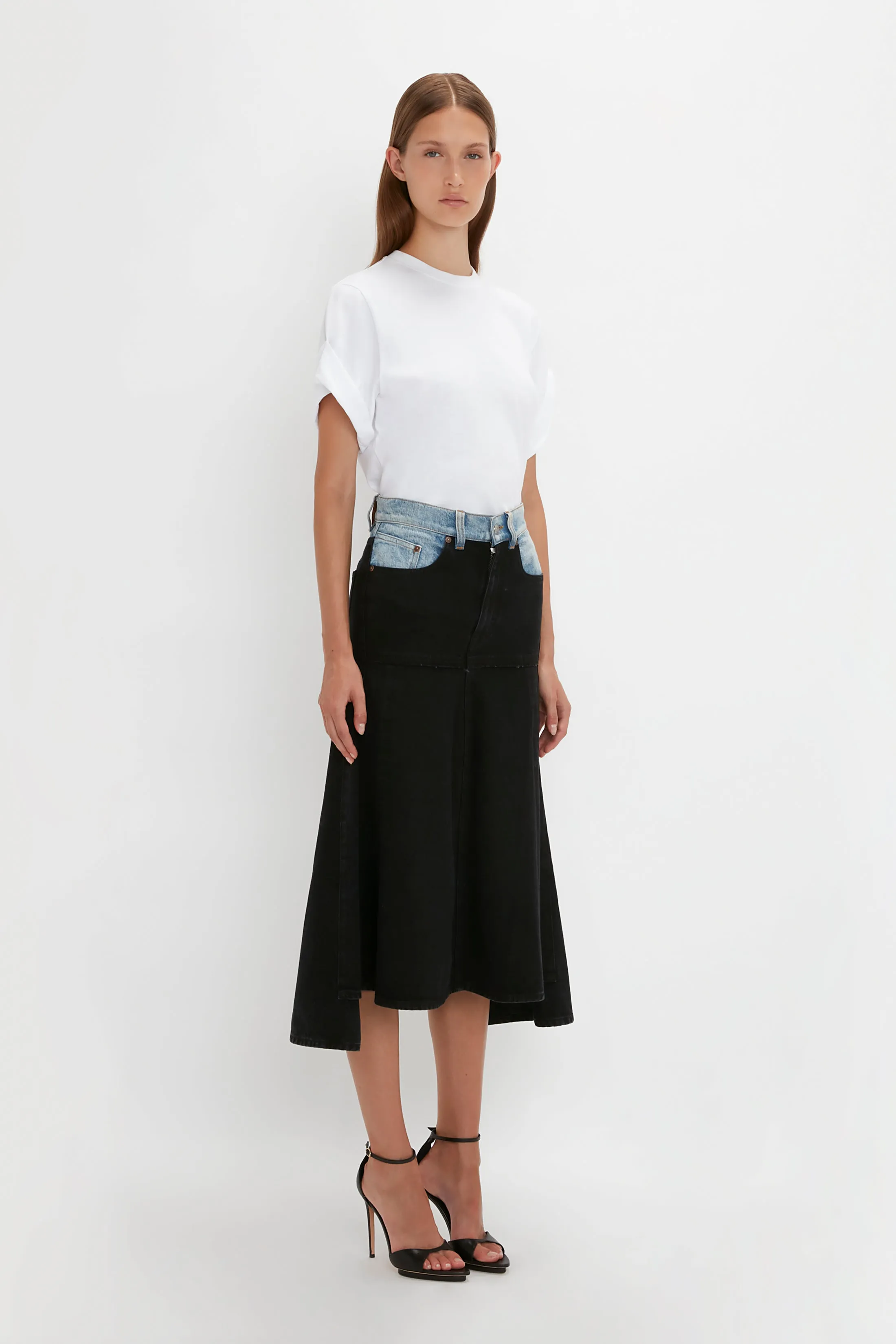 Patched Denim Skirt In Contrast Wash