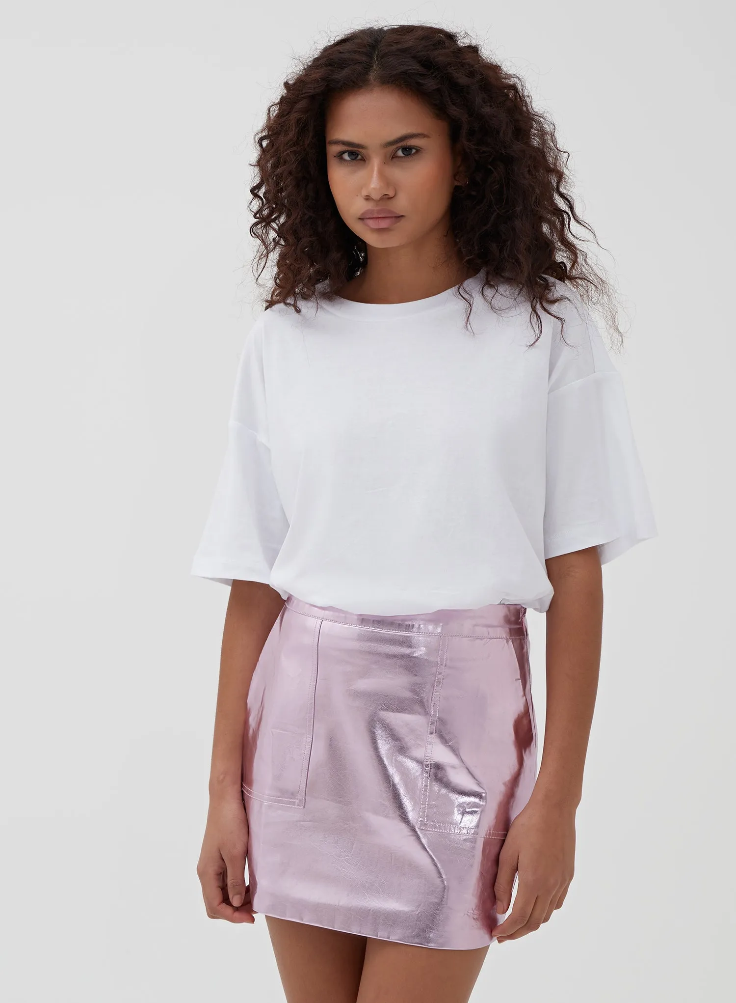 Pink Metallic Faux Leather Mini Skirt - Kiki