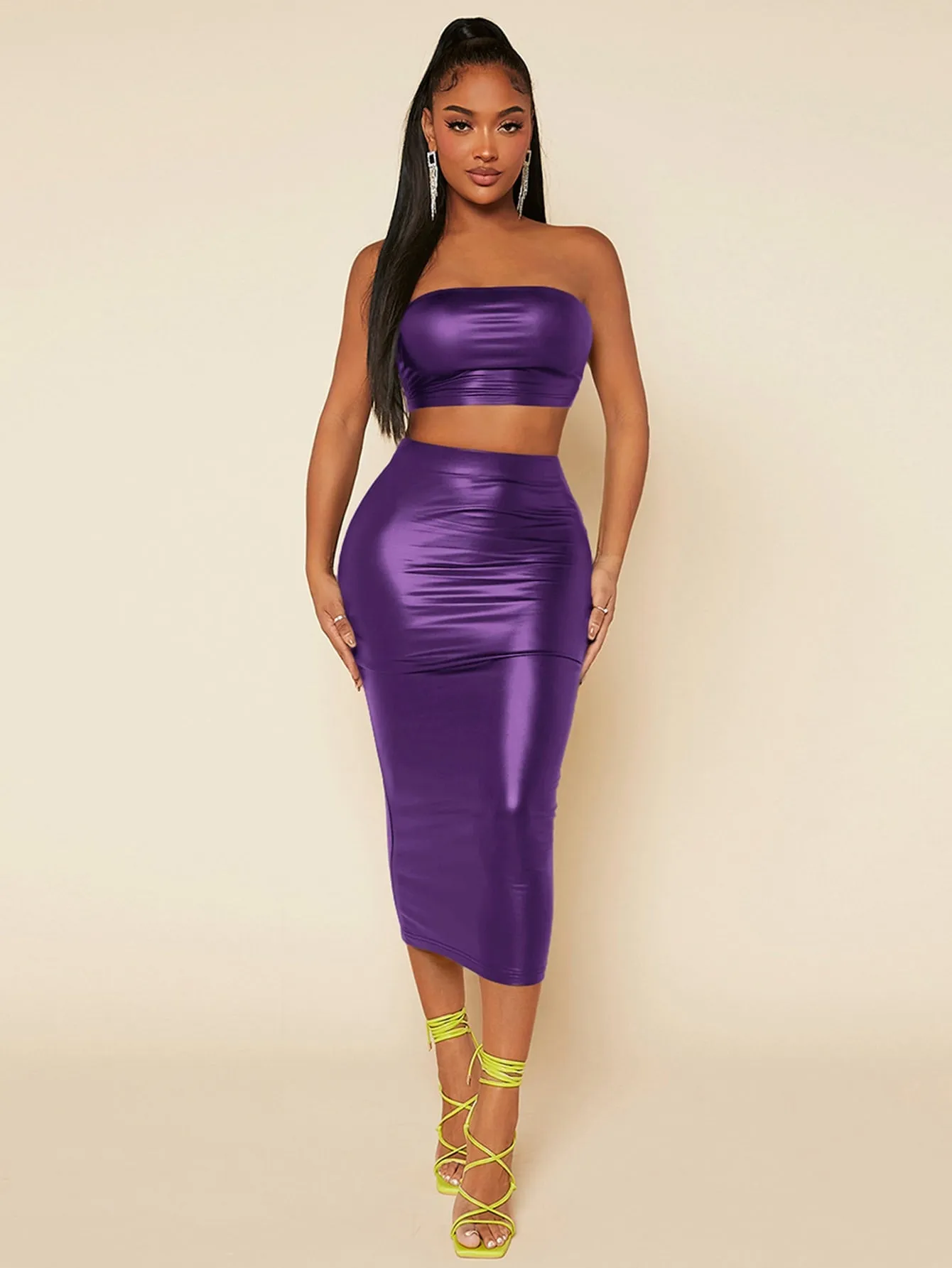 PU Leather Crop Tube Top Pencil Skirt Set