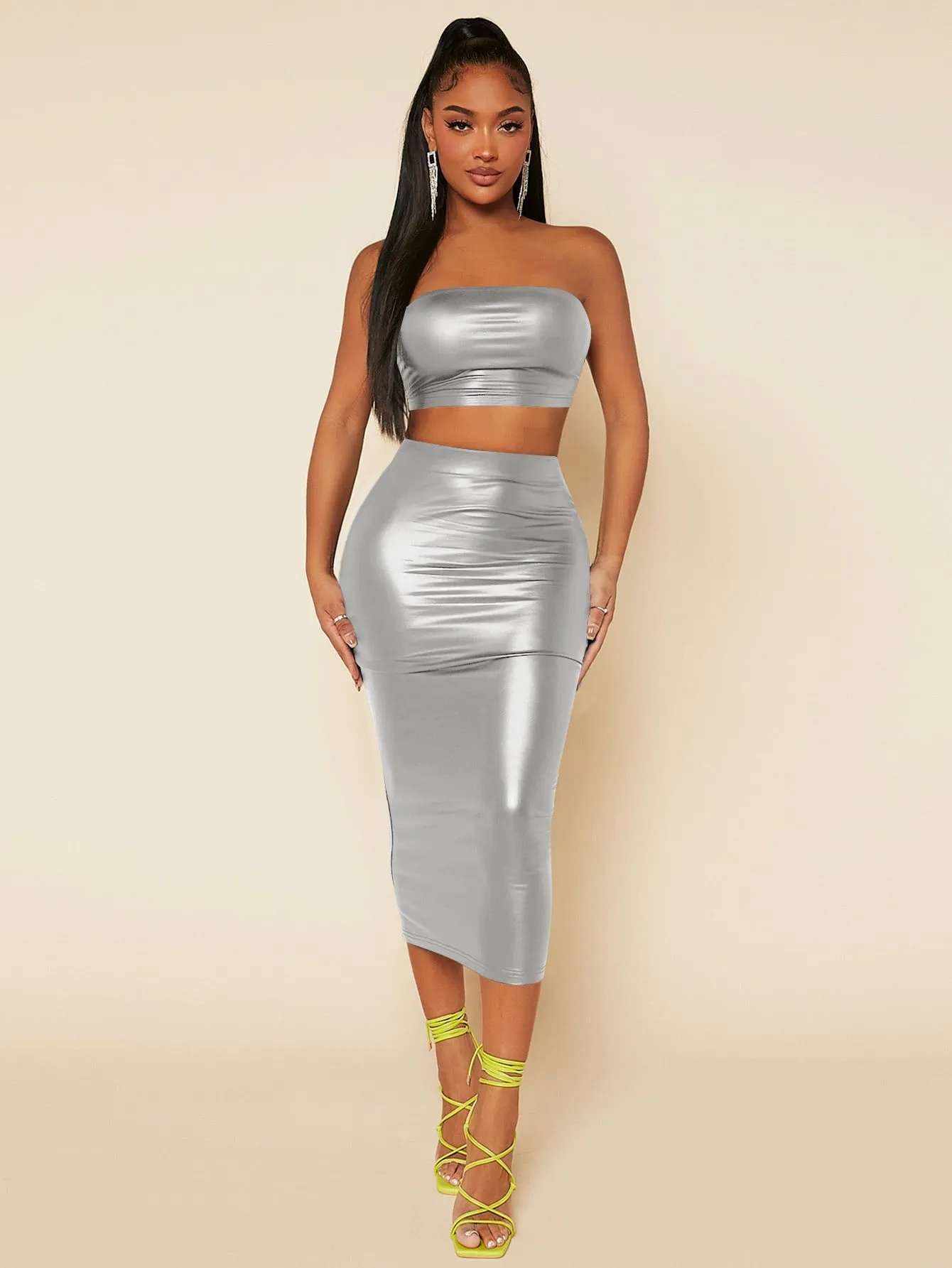 PU Leather Crop Tube Top Pencil Skirt Set