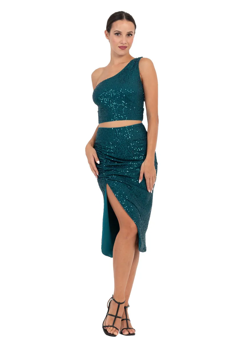 Sequinned Ruched Midi Skirt With Slit