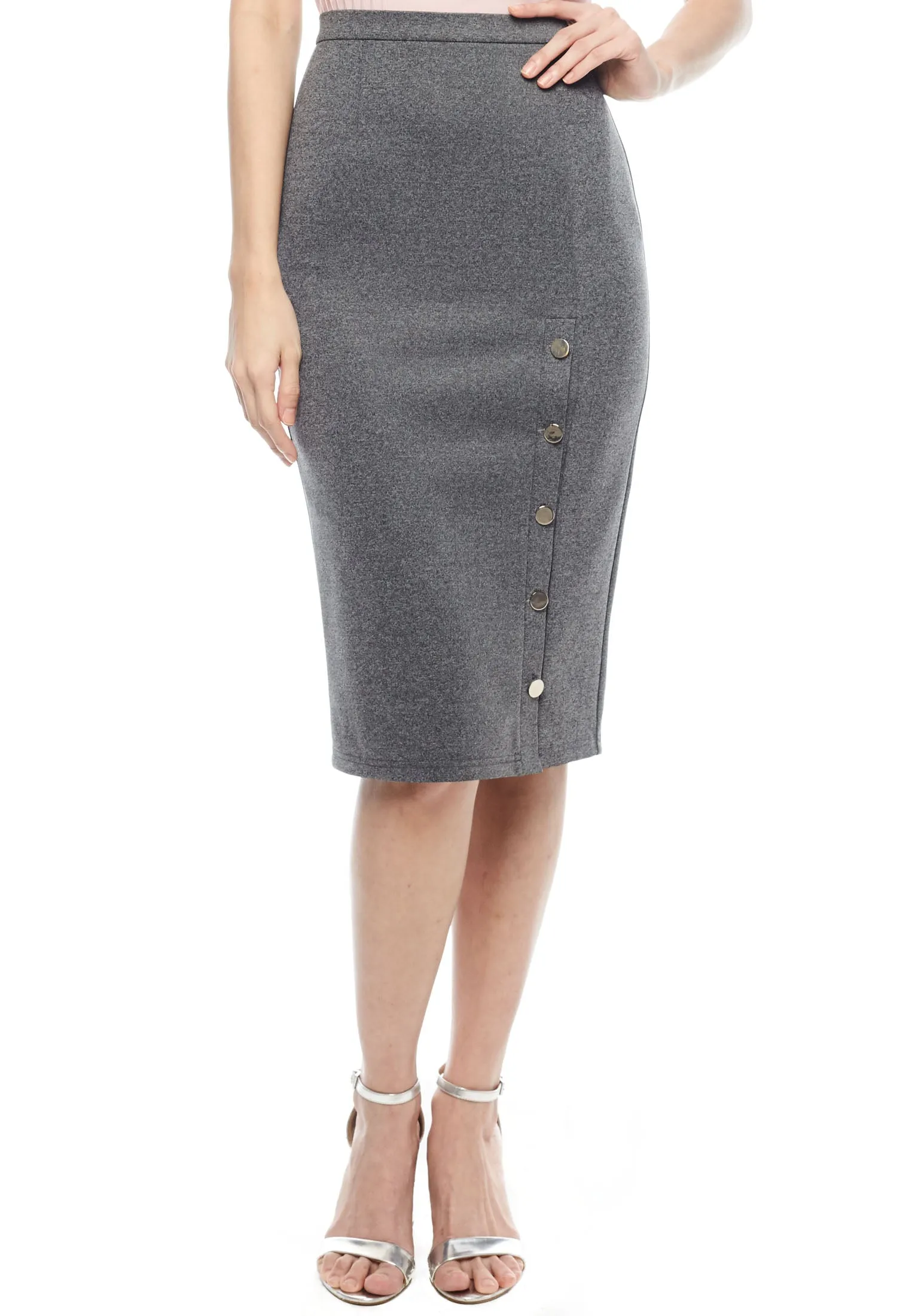 Side Buttoned Slit Pencil Skirt