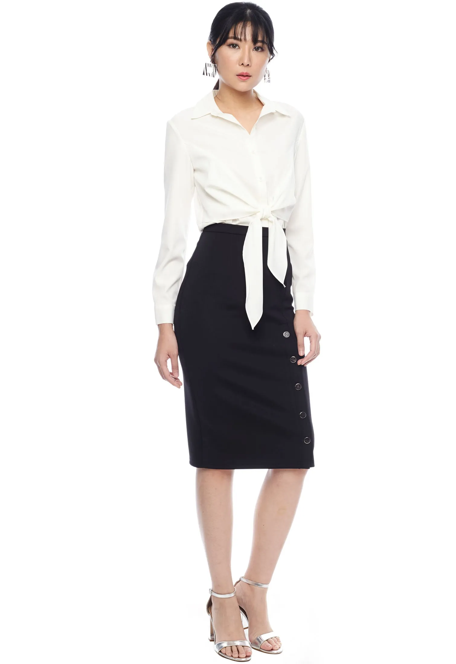 Side Buttoned Slit Pencil Skirt