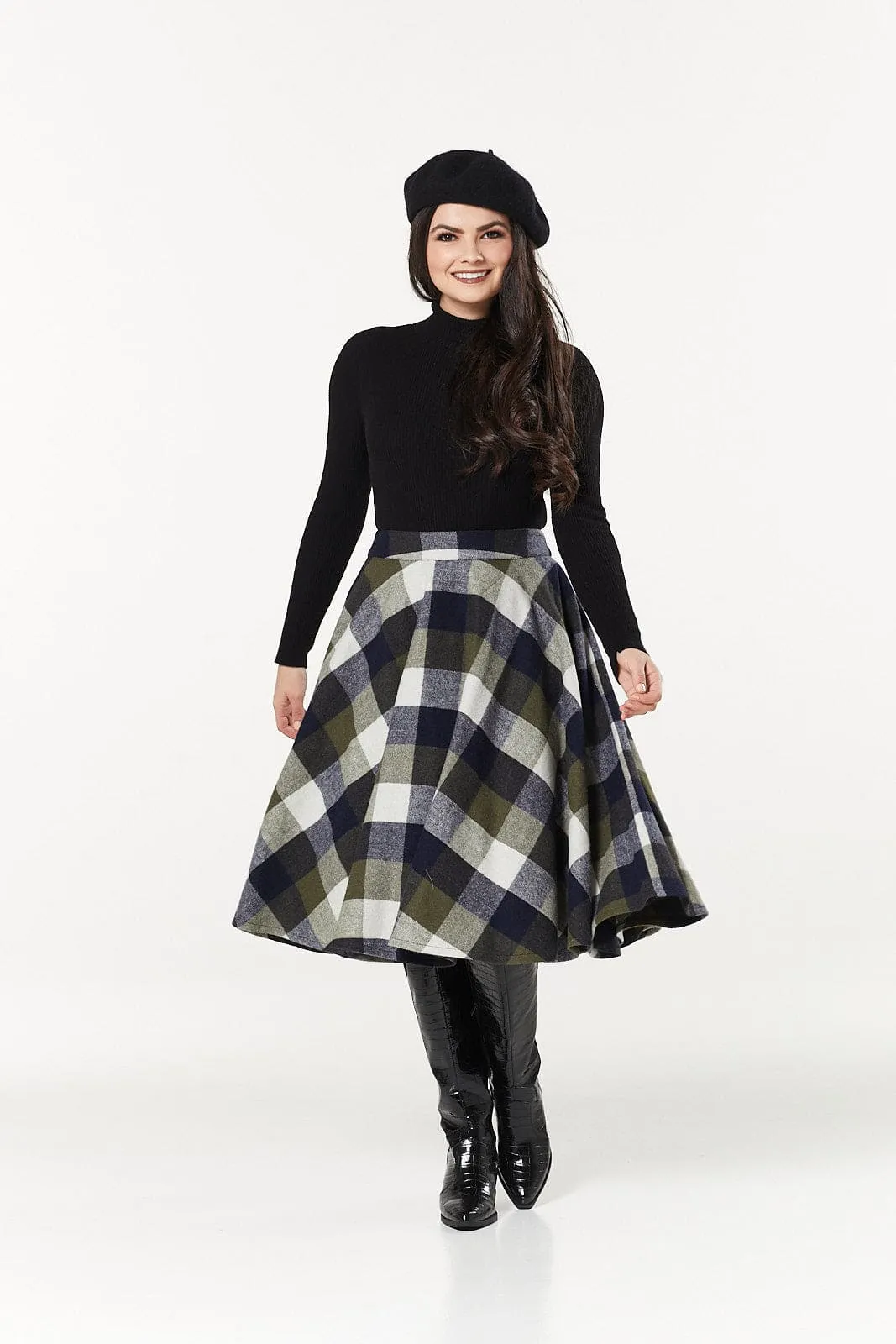 Sophie Navy & Khaki Woollen Check Tartan Midi Swing Skirt