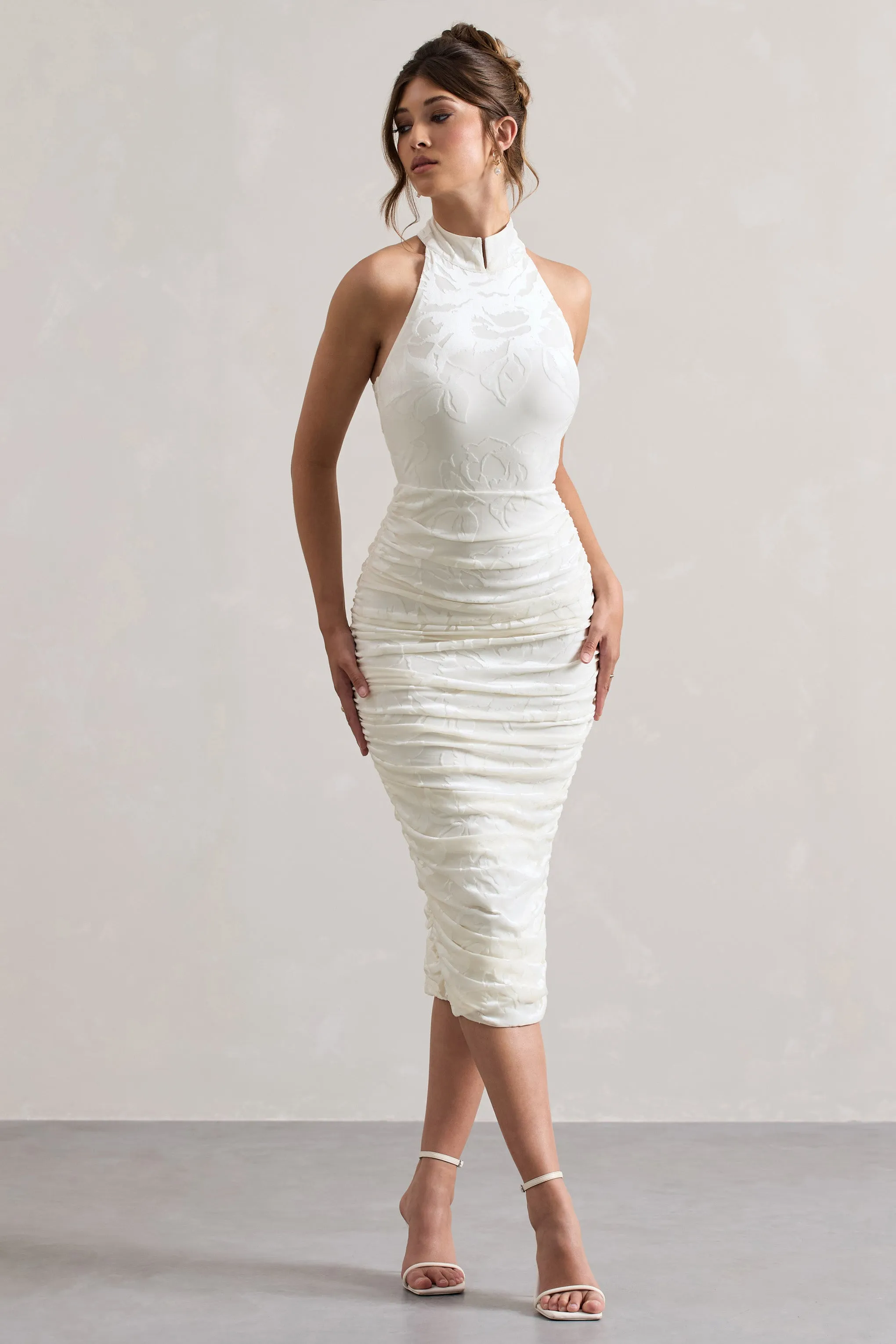 Therese | White Ruched Bodycon High-Neck Midi Dress