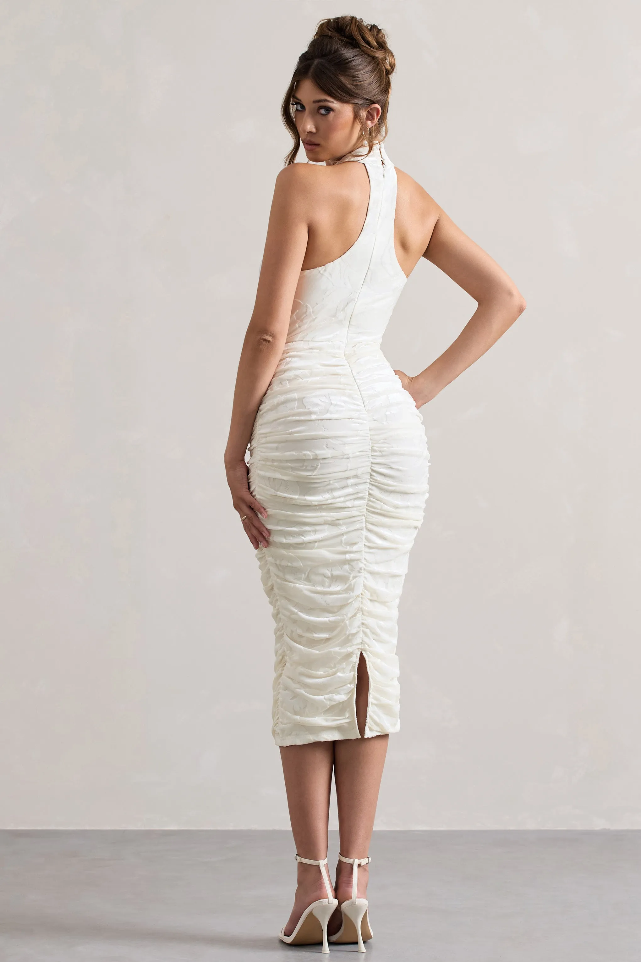 Therese | White Ruched Bodycon High-Neck Midi Dress