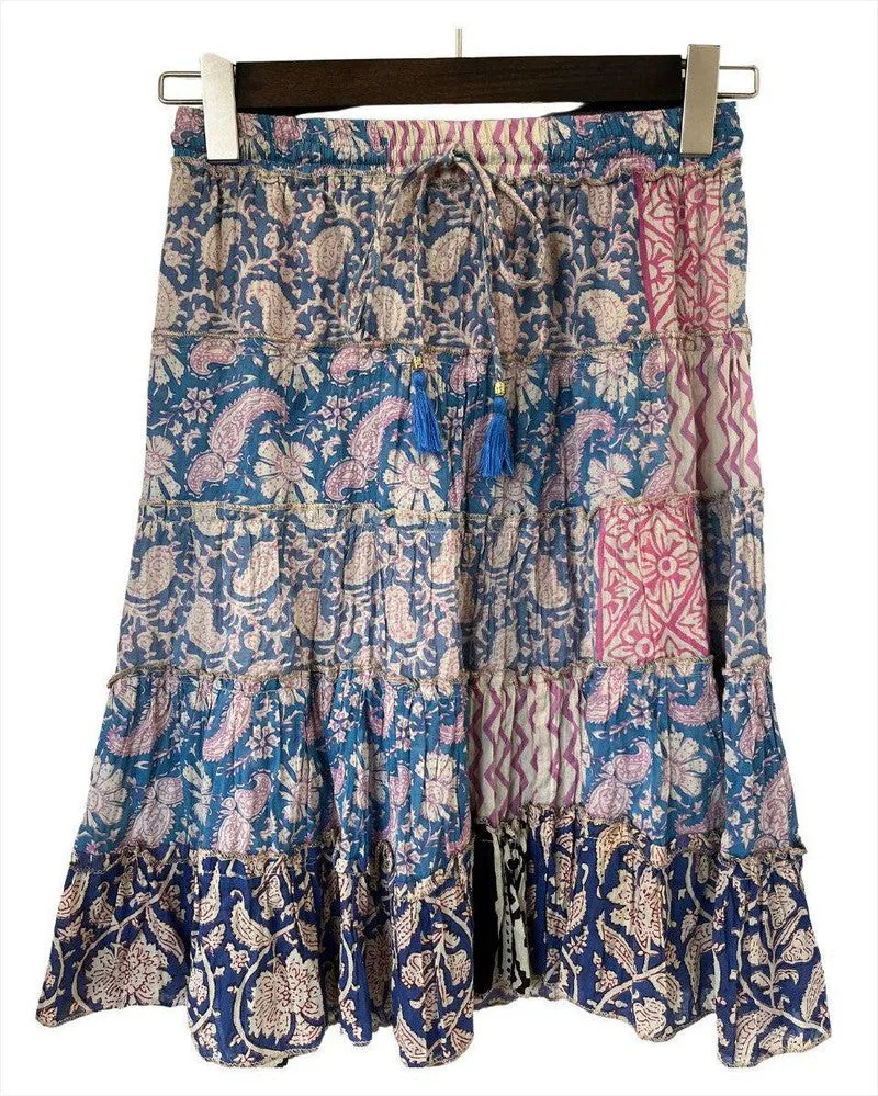 Tiered Skirt Block Print in Blue