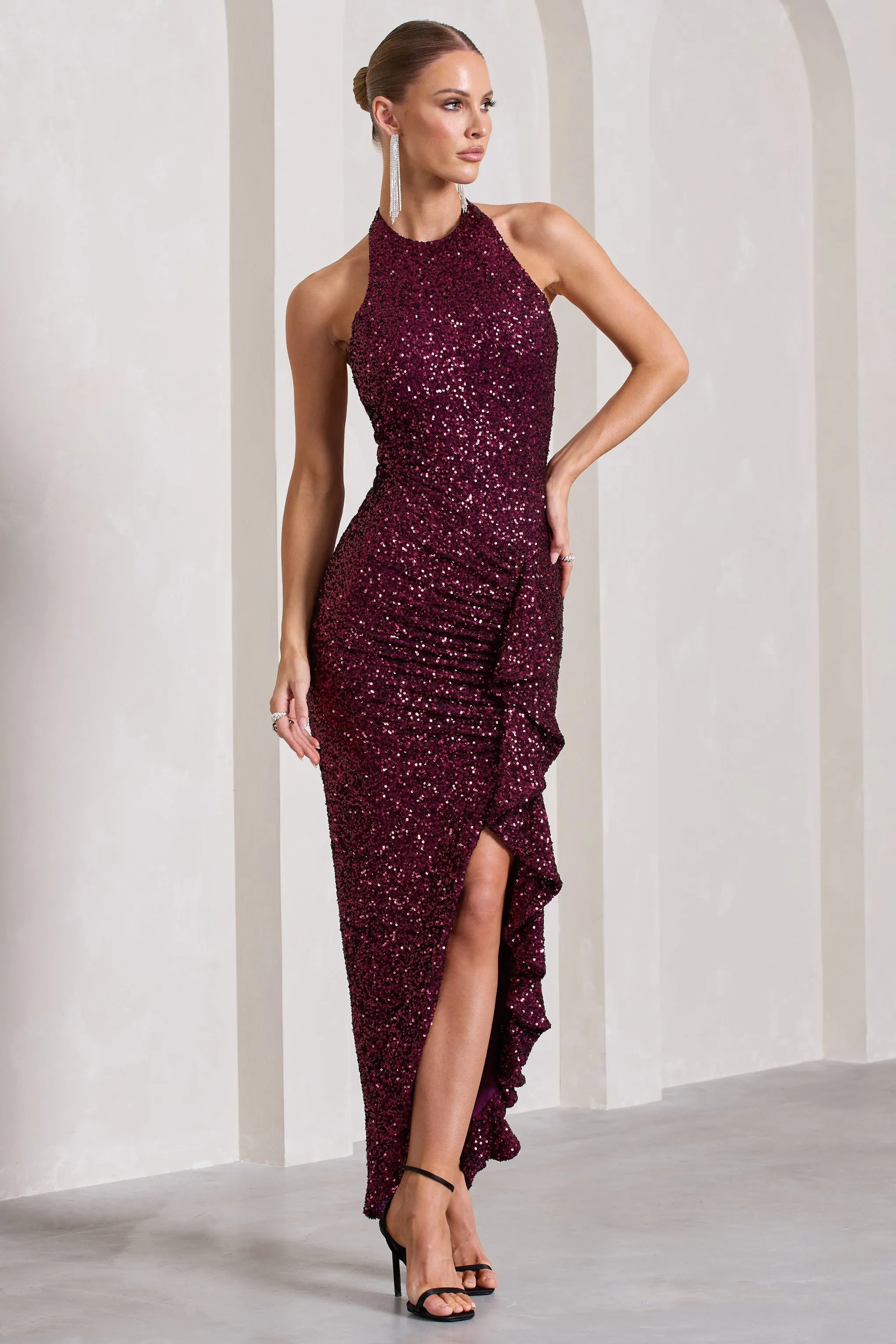 Under The Stars | Plum Sequin High-Neck Open-Back Maxi Dress With Drape