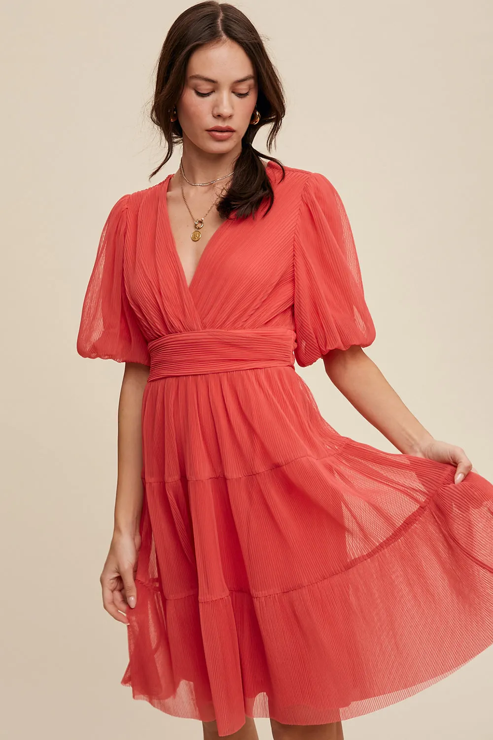 V-Neck Pleated Mesh Cinched Waist Midi Dress