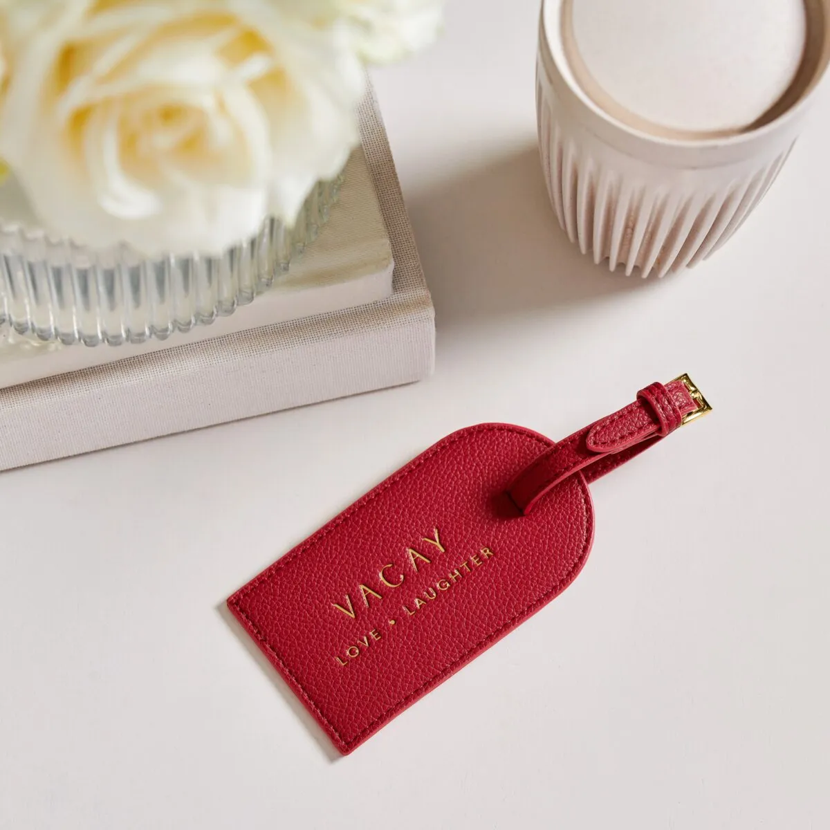 'Vacay, Love, Laughter' Sentiment Luggage Tag | Garnet Red