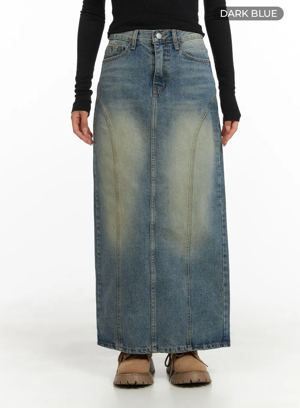 Vintage Washed Denim Maxi Skirt CA403