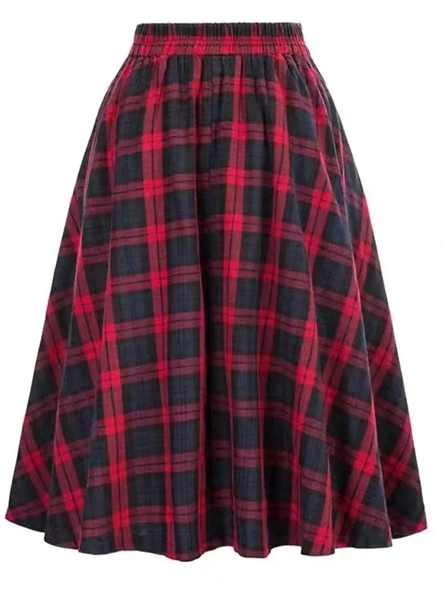 Women's Plaid Print Midi Skirt in Red, Blue, Green, and Khaki - Sizes S, M, L