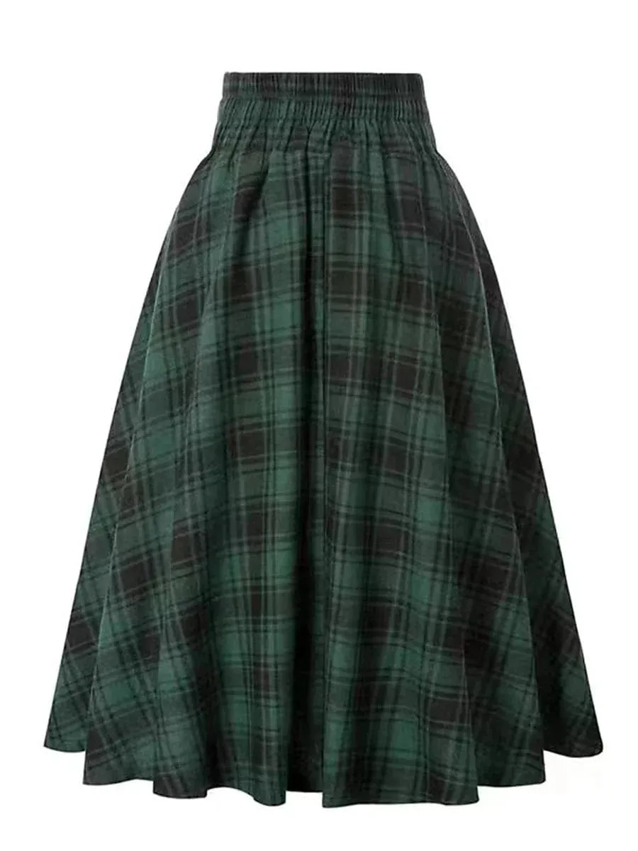 Women's Plaid Print Midi Skirt in Red, Blue, Green, and Khaki - Sizes S, M, L