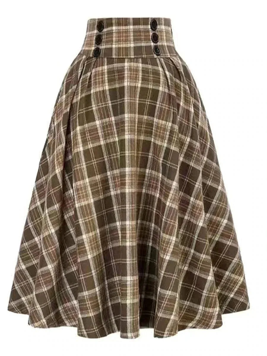 Women's Plaid Print Midi Skirt in Red, Blue, Green, and Khaki - Sizes S, M, L